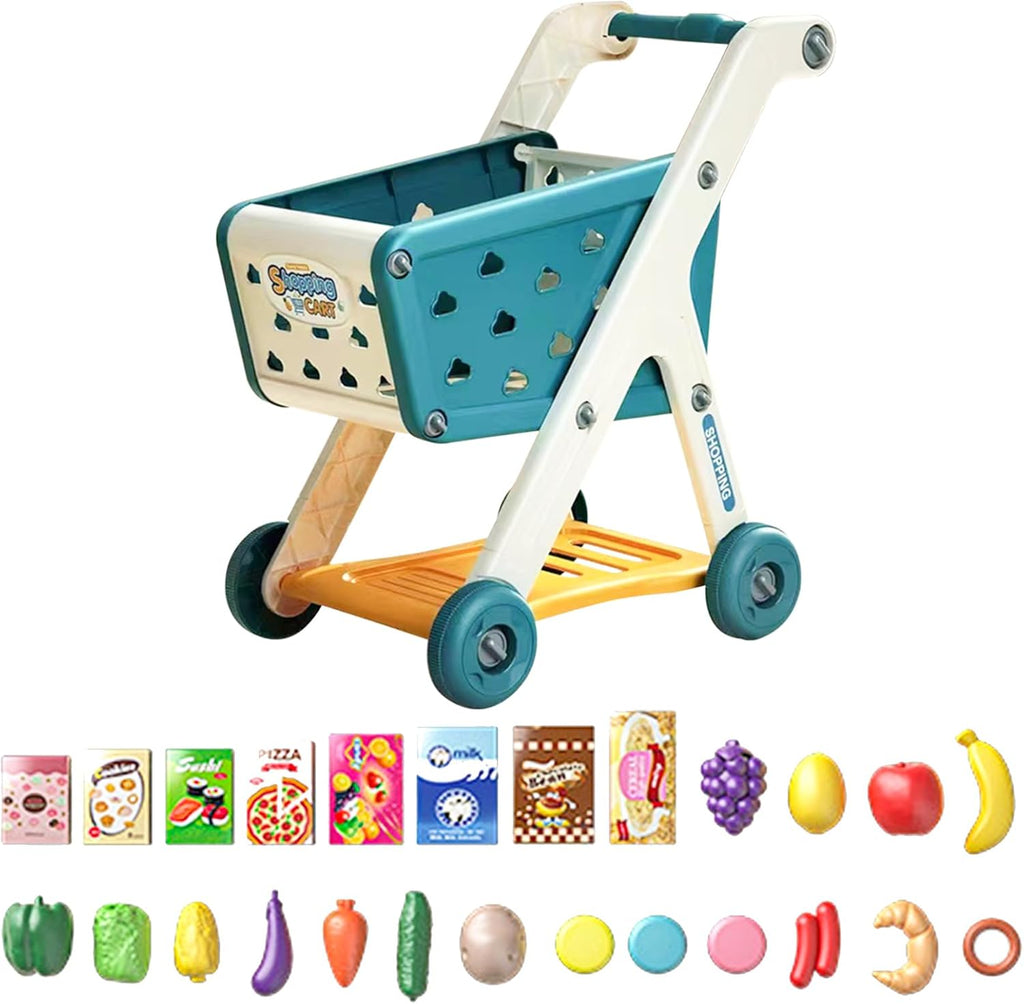 Kids Shopping Cart Trolley Play Set with Pretend Food and Accessories,Toy Shopping Cart Trolley for Kids Baby with Play Foods, Grocery Shopping Cart Playing Pretend Games