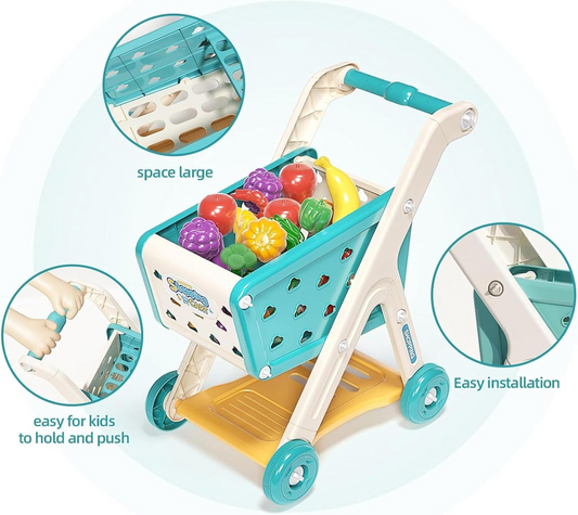 Kids Shopping Cart Trolley Play Set with Pretend Food and Accessories,Toy Shopping Cart Trolley for Kids Baby with Play Foods, Grocery Shopping Cart Playing Pretend Games